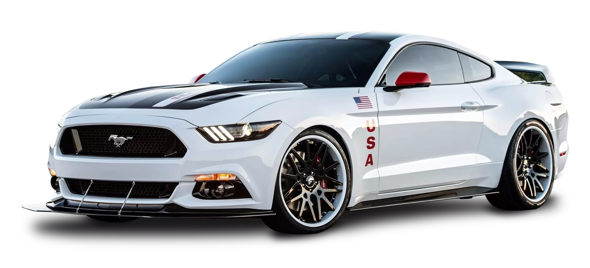 Illustration of a new white Ford Mustang sports car convertible.