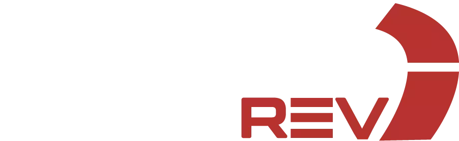 Leaserev company logo with the word lease in the color white and rev in a firebrick red with a speedometer illustration brand mark